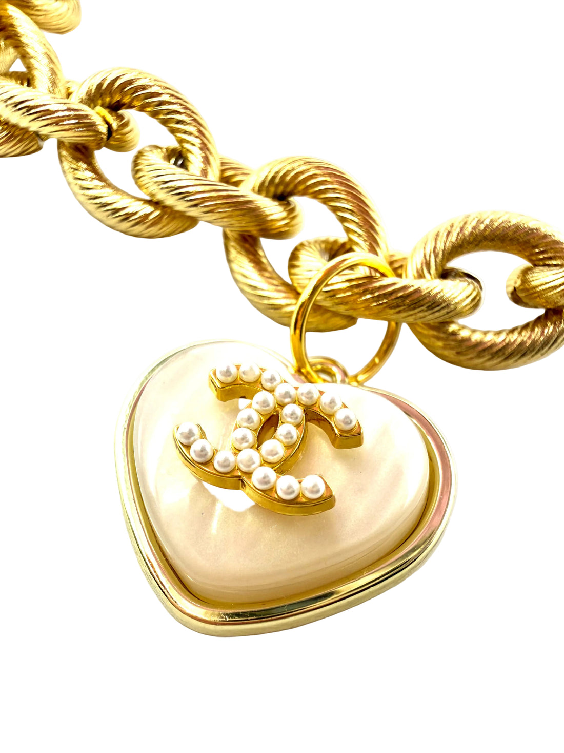 REPURPOSED FAUX PEARL HEARD CHARM CHUNKY GOLD CHAIN NECKLACE