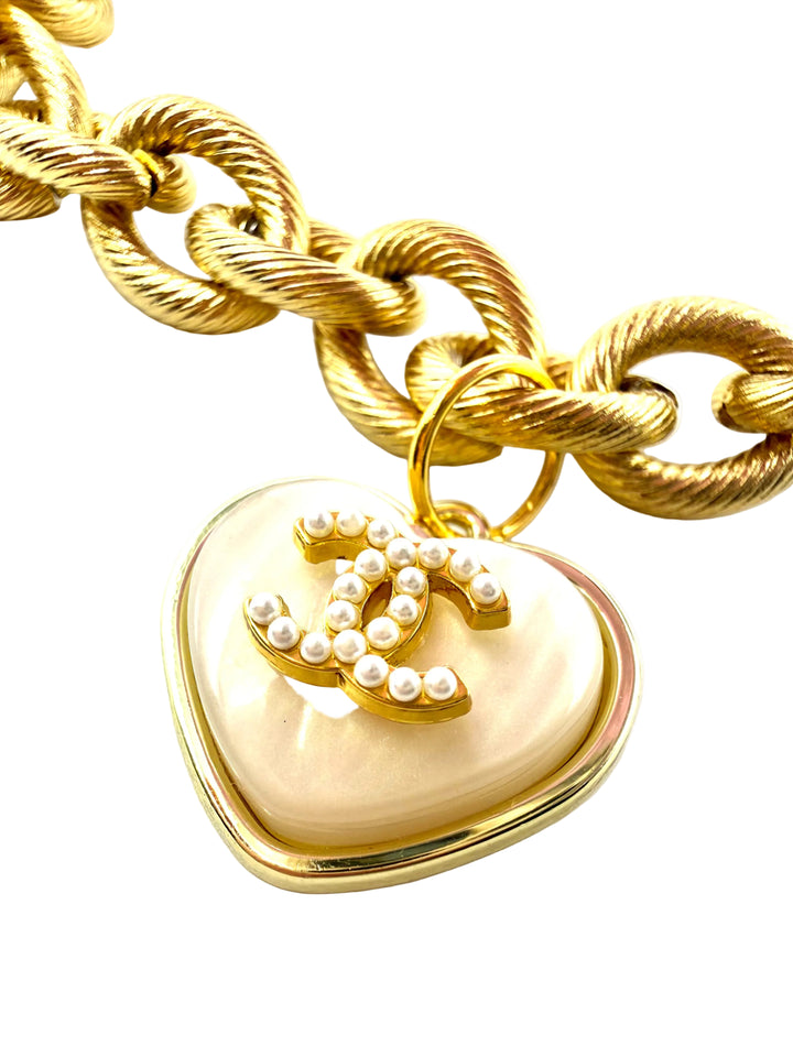 REPURPOSED FAUX PEARL HEARD CHARM CHUNKY GOLD CHAIN NECKLACE