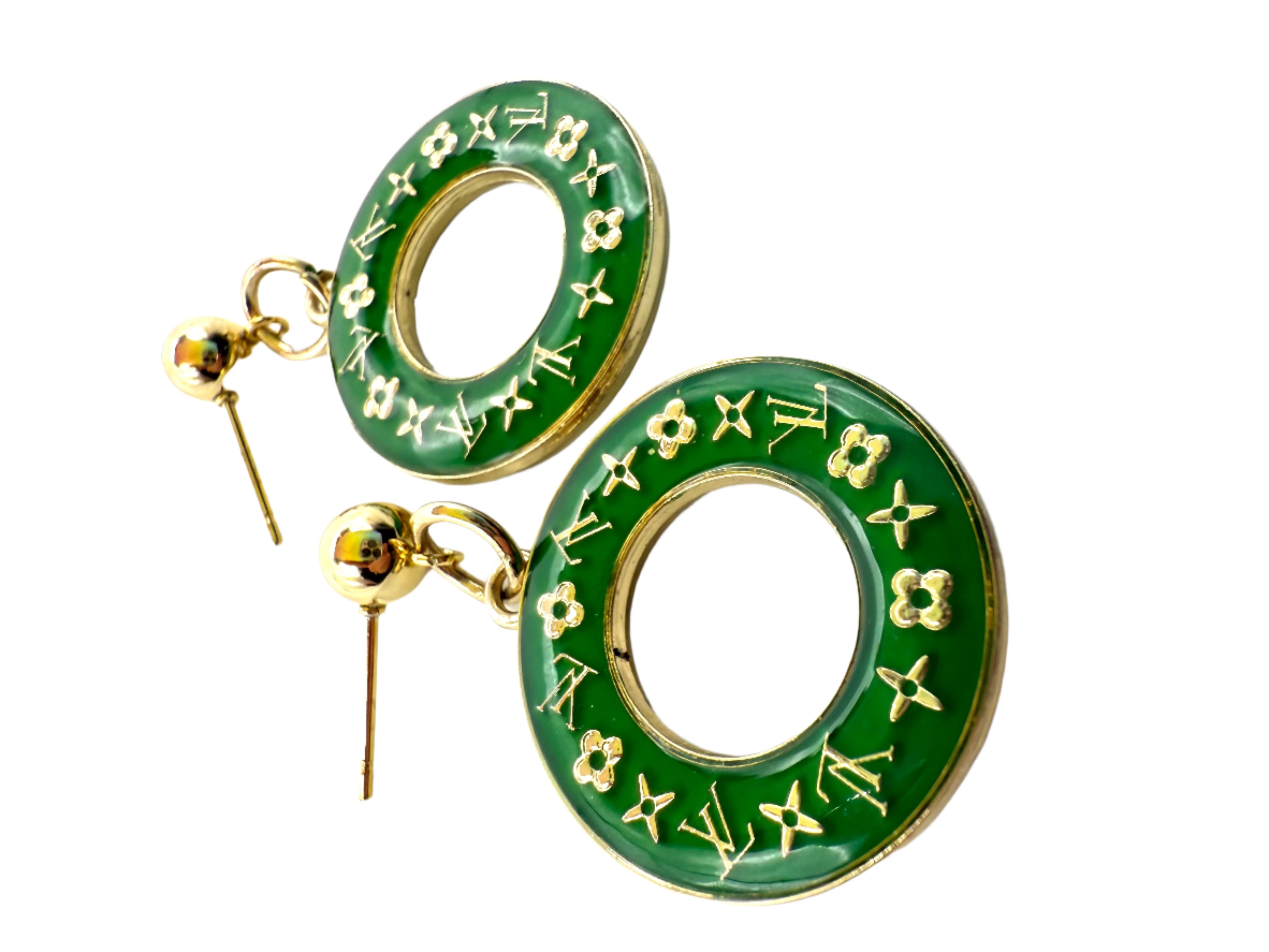 REPURPOSED CHARM ROUND GREEN DROP EARRINGS