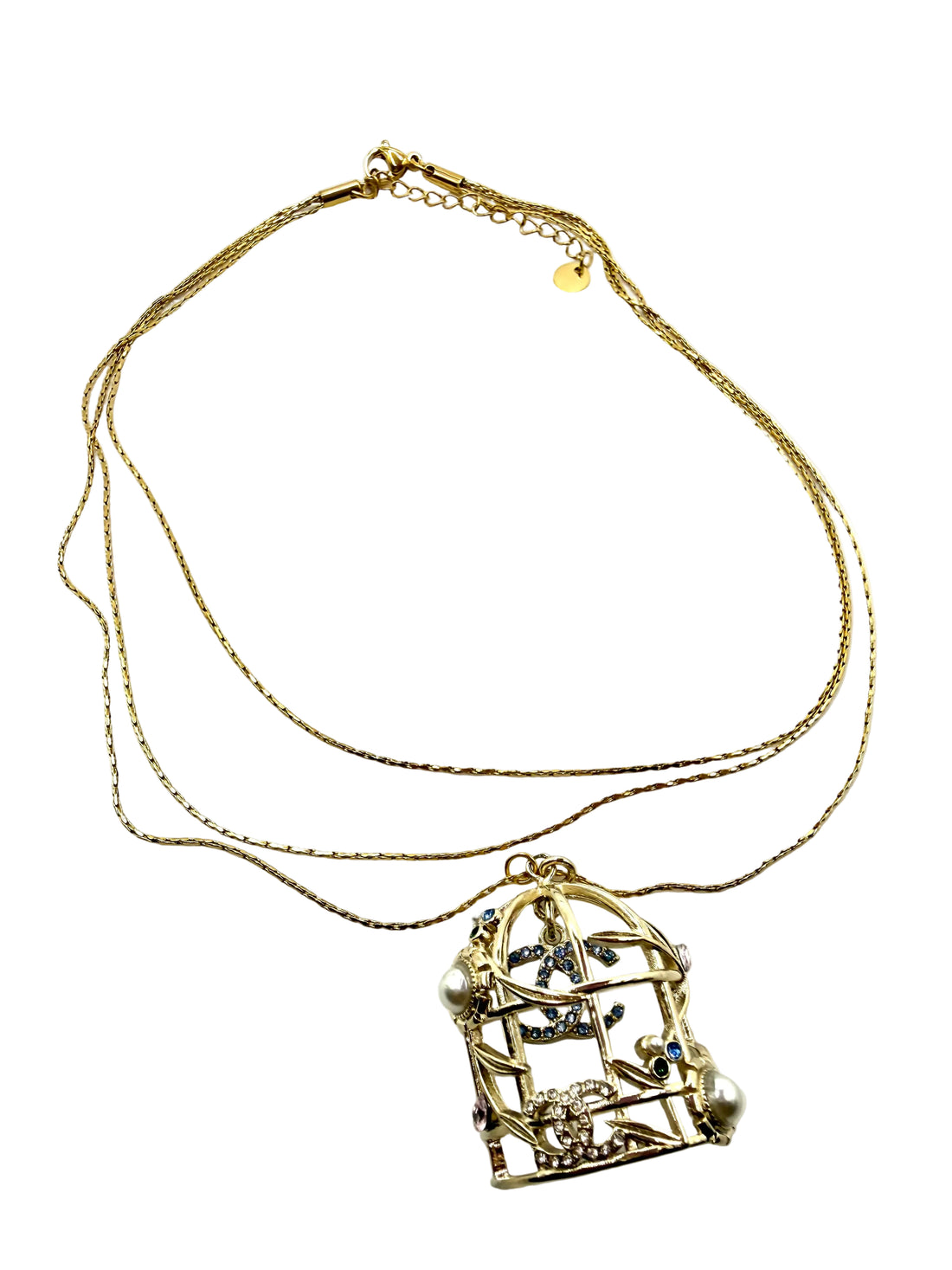 REPURPOSED BIRD CAGE CHARM THREE LAYER NECKLACE