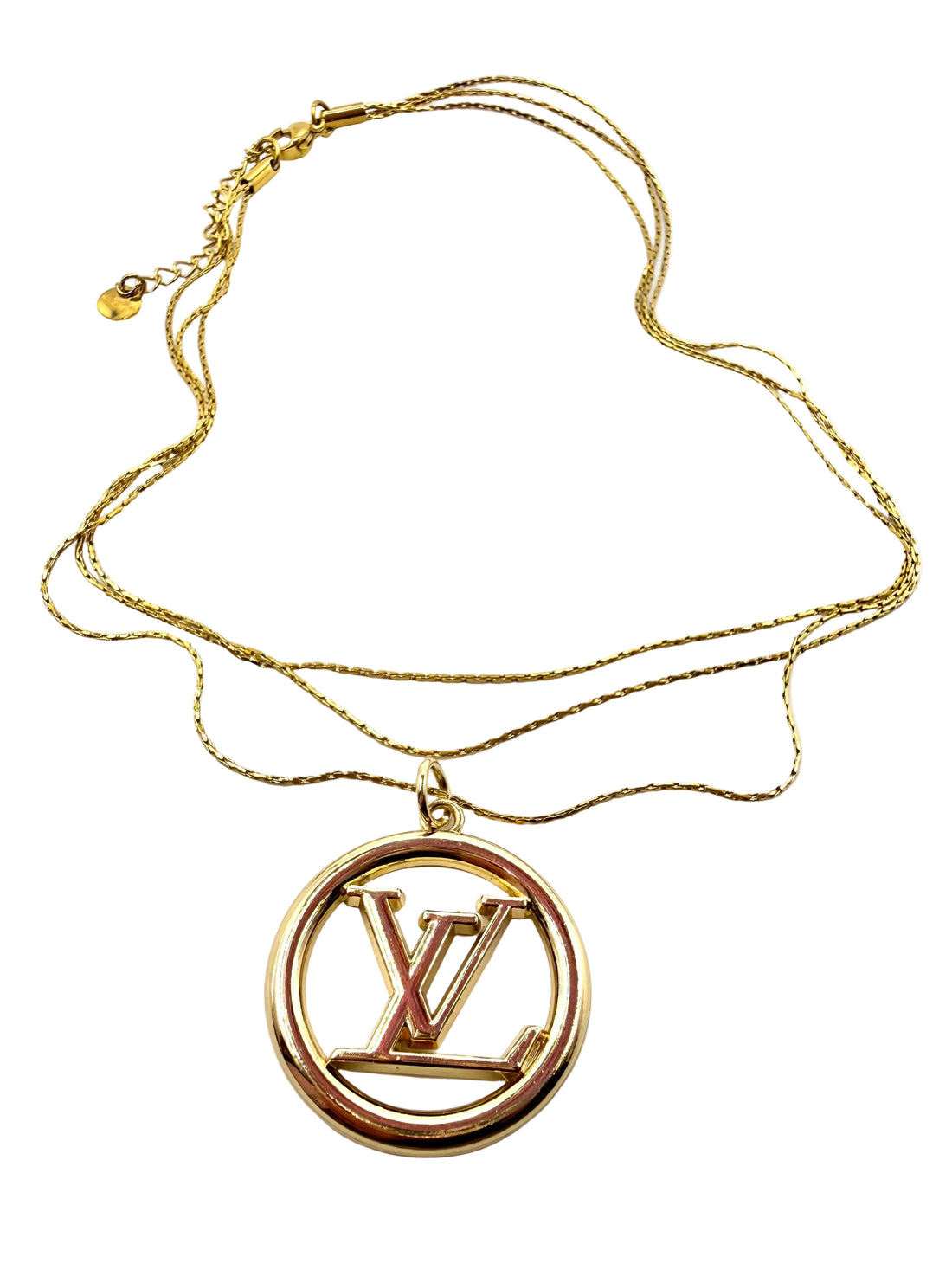 REPURPOSED CIRCLE CHARM THREE CHAIN NECKLACE