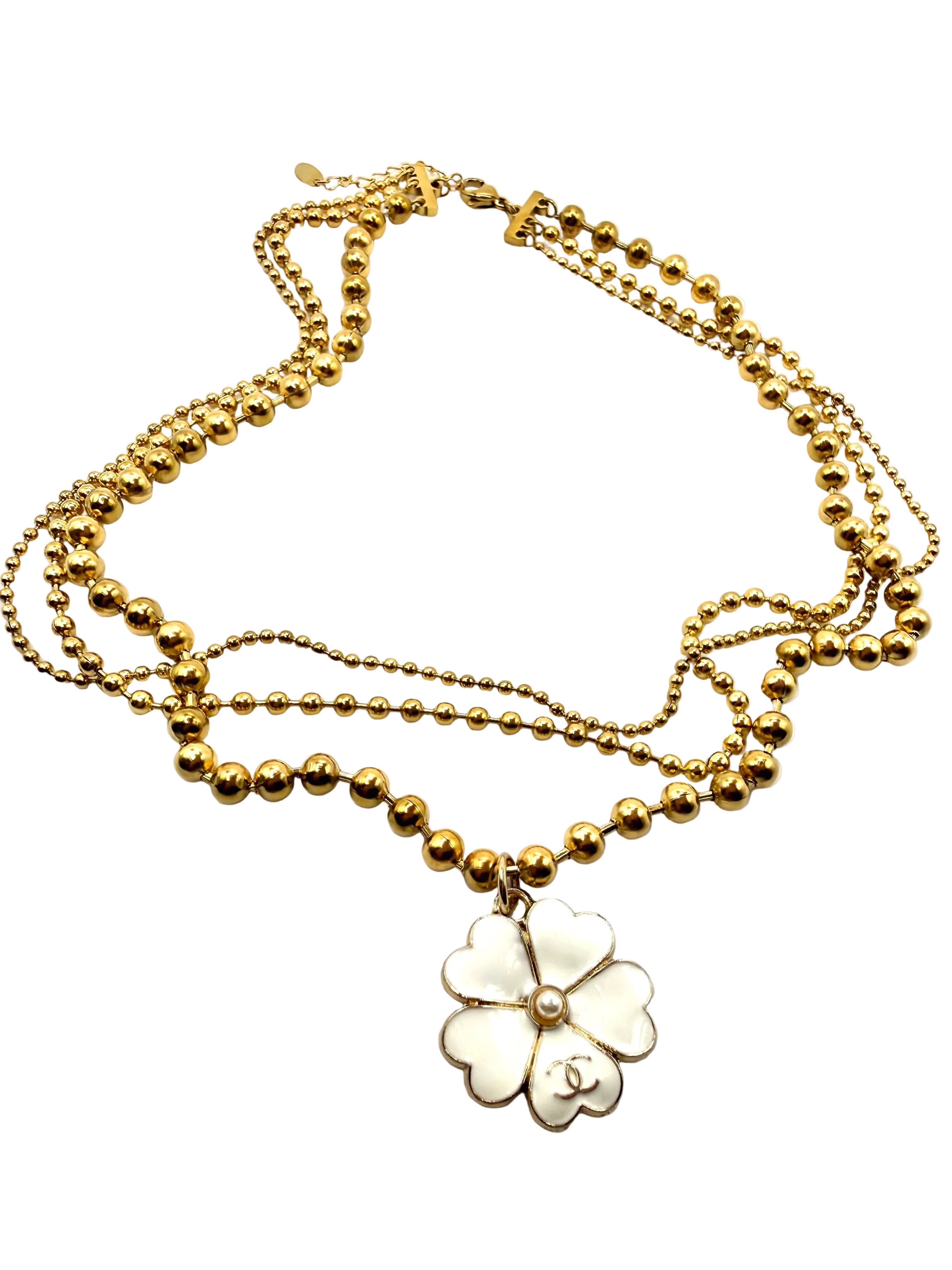 REPURPOSED WHITE FLOWER CHARM THREE LAYER NECKLACE