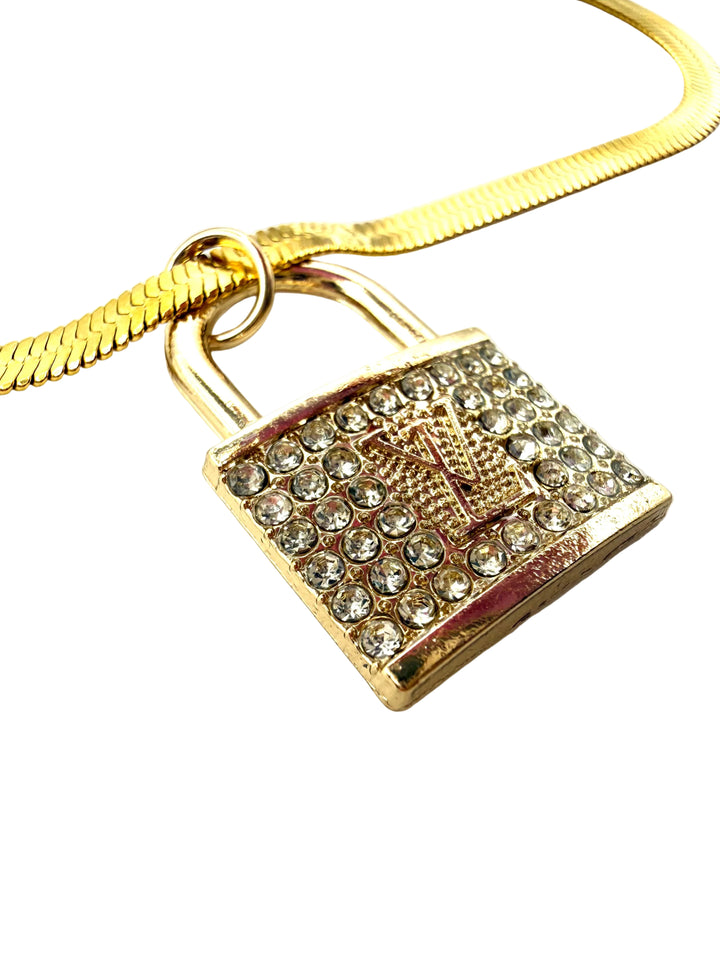 REPURPOSED LOCK CHARM HERRINGBONE NECKLACE