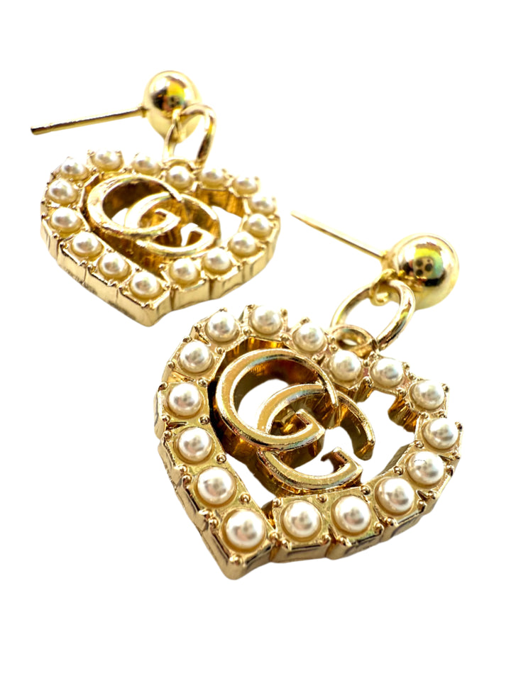 REPURPOSED CHARM PEARL HEART EARRINGS