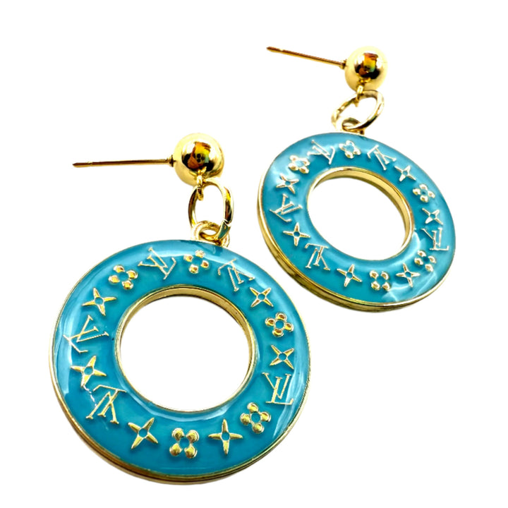 REPURPOSED CHARM ROUND BLUE DROP EARRINGS