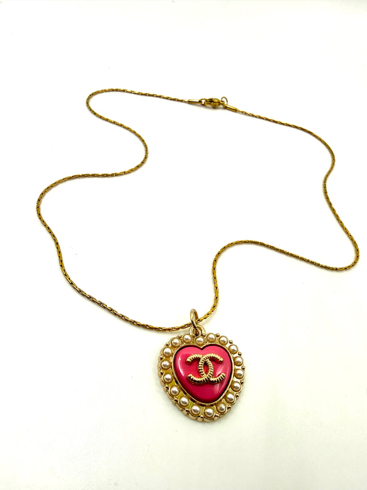 REPURPOSED PINK/PEARL HEART CHARM NECKLACE
