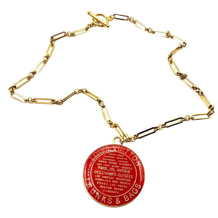 REPURPOSED LARGE RED TAG CHARM NECKLACE