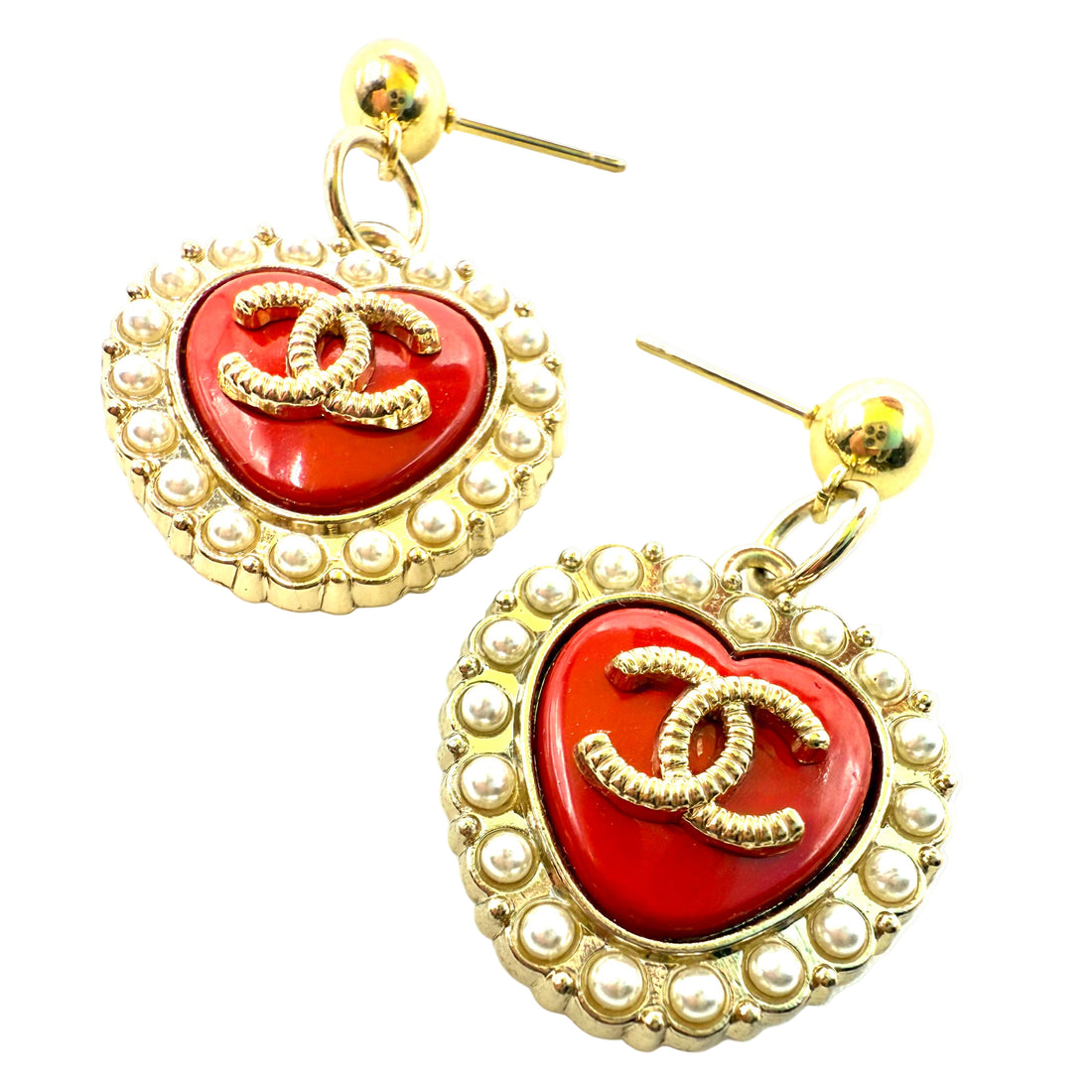 REPURPOSED CHARM RED PEARL HEART EARRINGS
