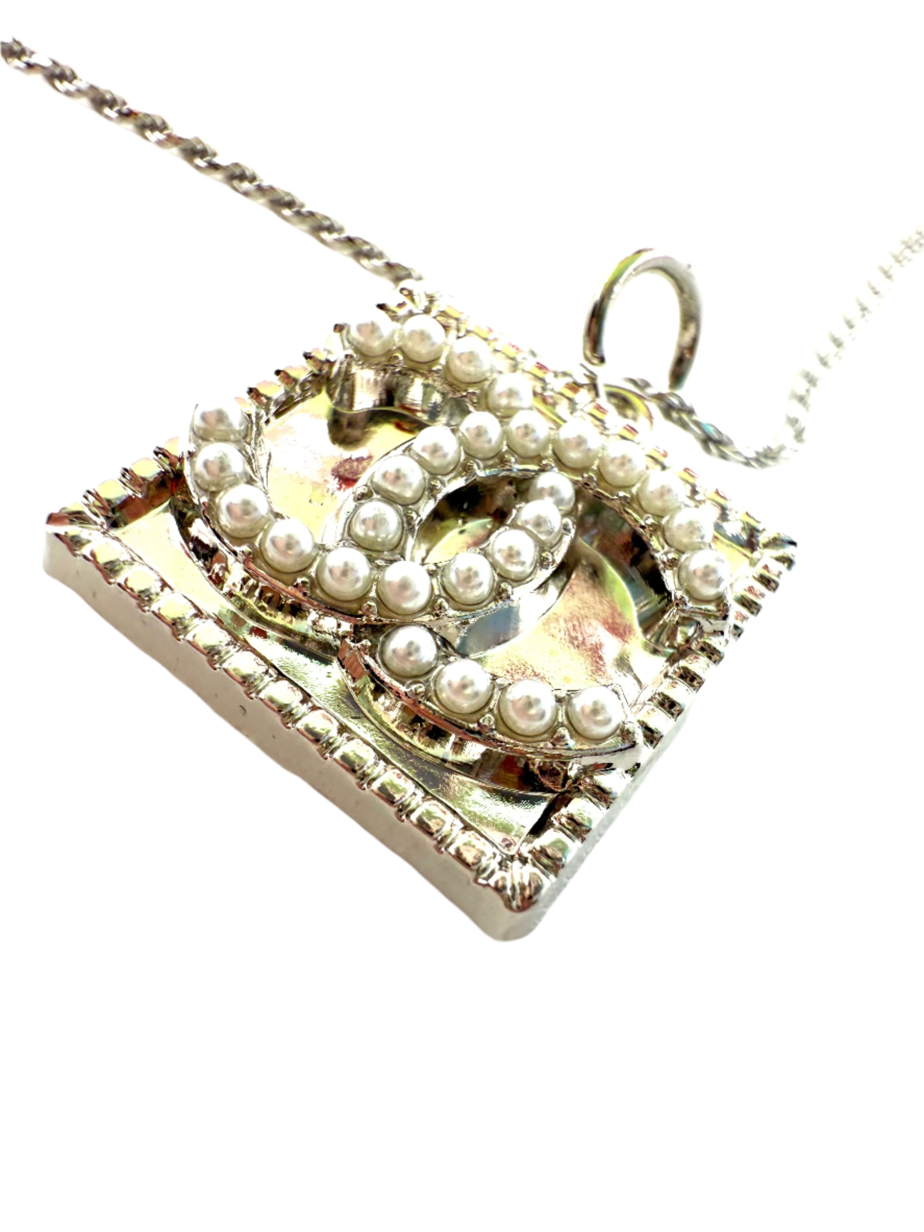 REPURPOSED SILVER SQUARE PEARL CHARM NECKLACE