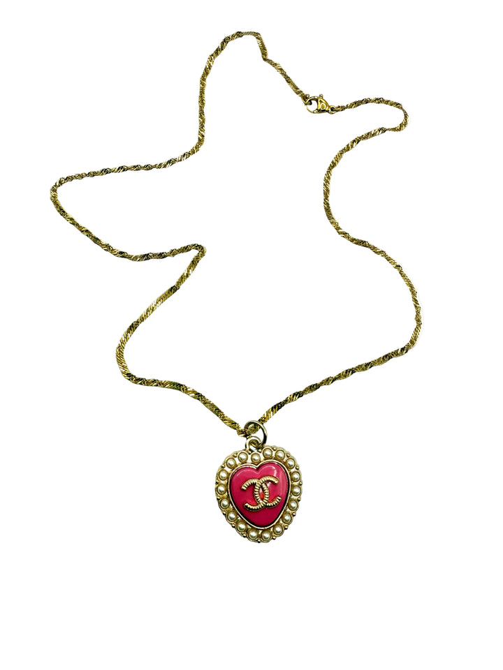 REPURPOSED PINK PEARL HEART CHARM 18” NECKLACE