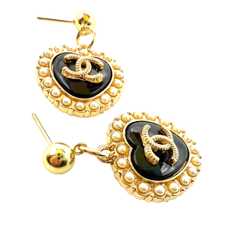 REPURPOSED CHARM BLACK PEARL HEART EARRINGS
