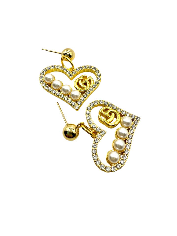 REPURPOSED GOLD/PEARL/STONE HEART EARRINGS