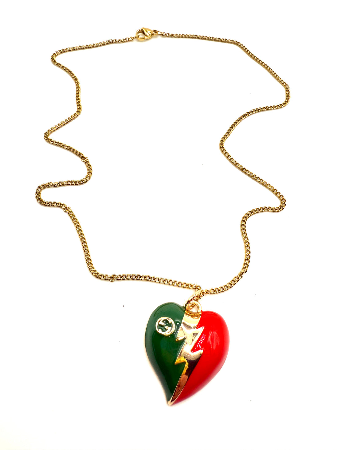 REPURPOSED CHARM RED/GREEN LIGHTNING HEART 16” NECKLACE