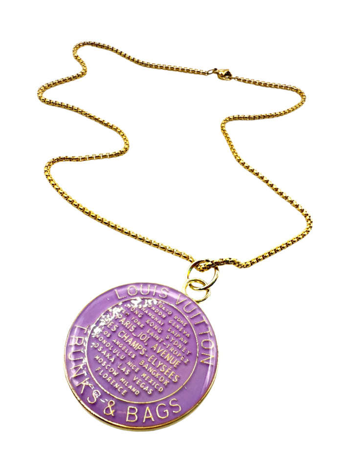 REPURPOSED LARGE TAG LAVENDER NECKLACE