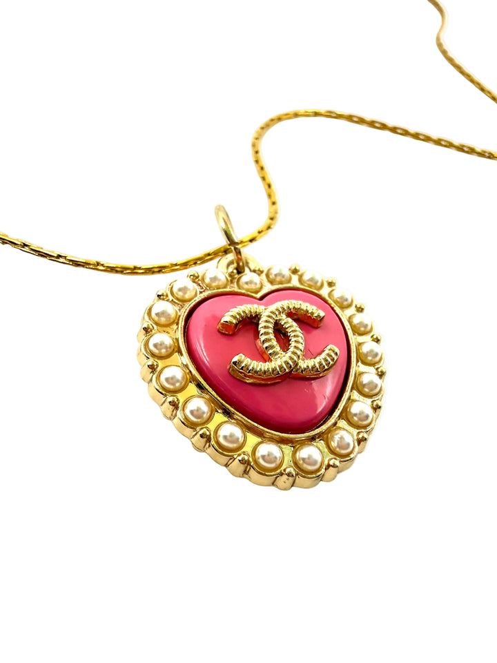 REPURPOSED PINK/PEARL HEART CHARM NECKLACE