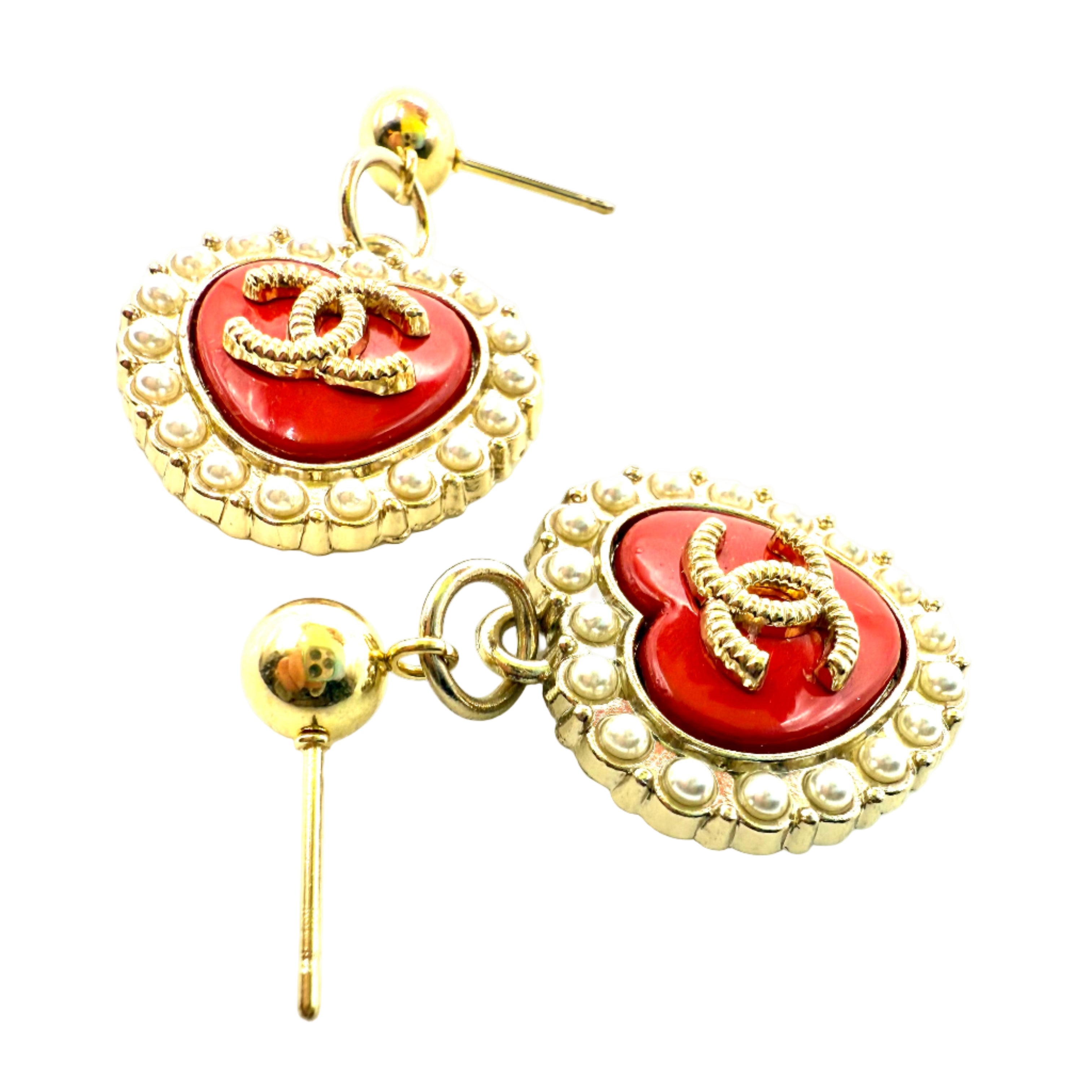 REPURPOSED CHARM RED PEARL HEART EARRINGS