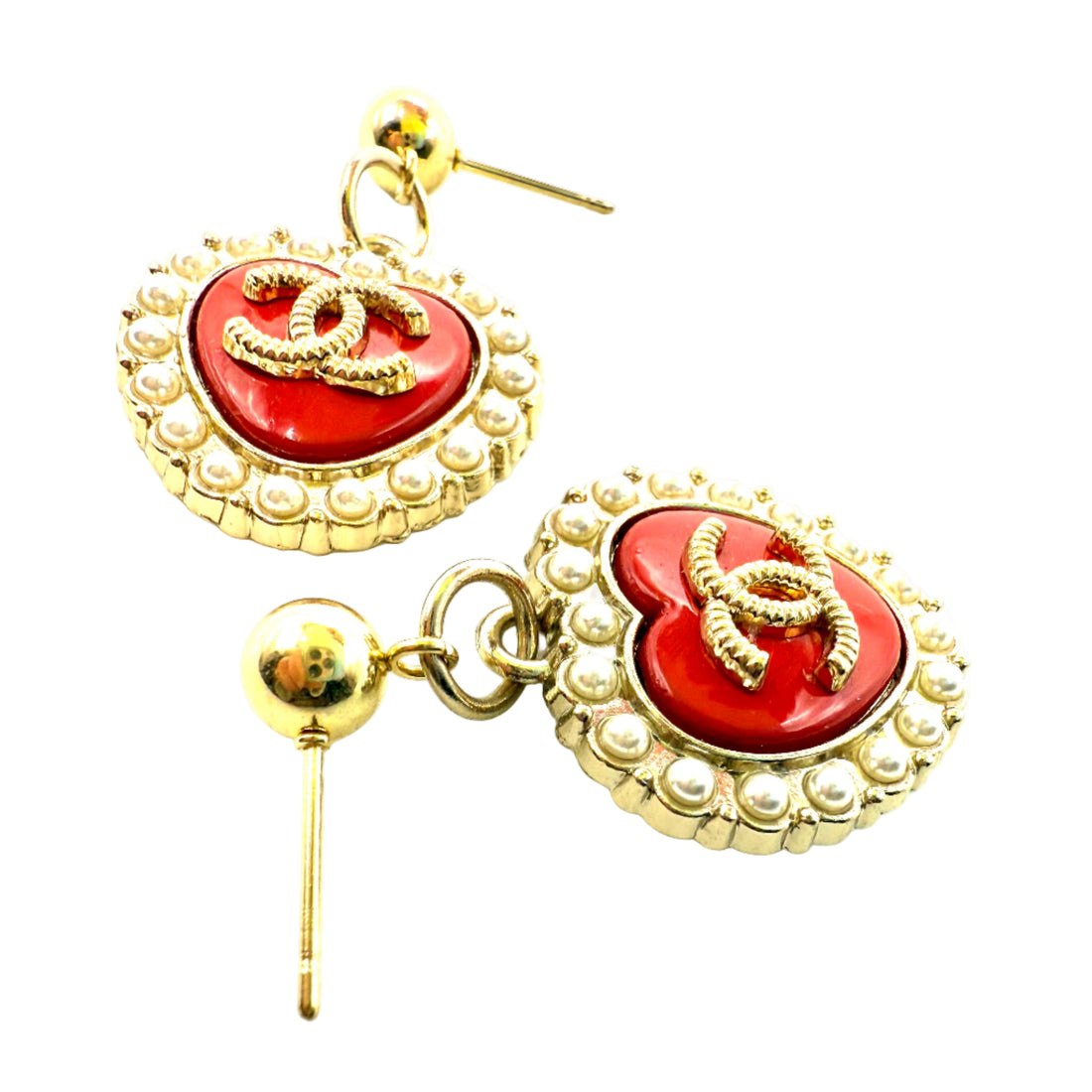 REPURPOSED CHARM RED PEARL HEART EARRINGS