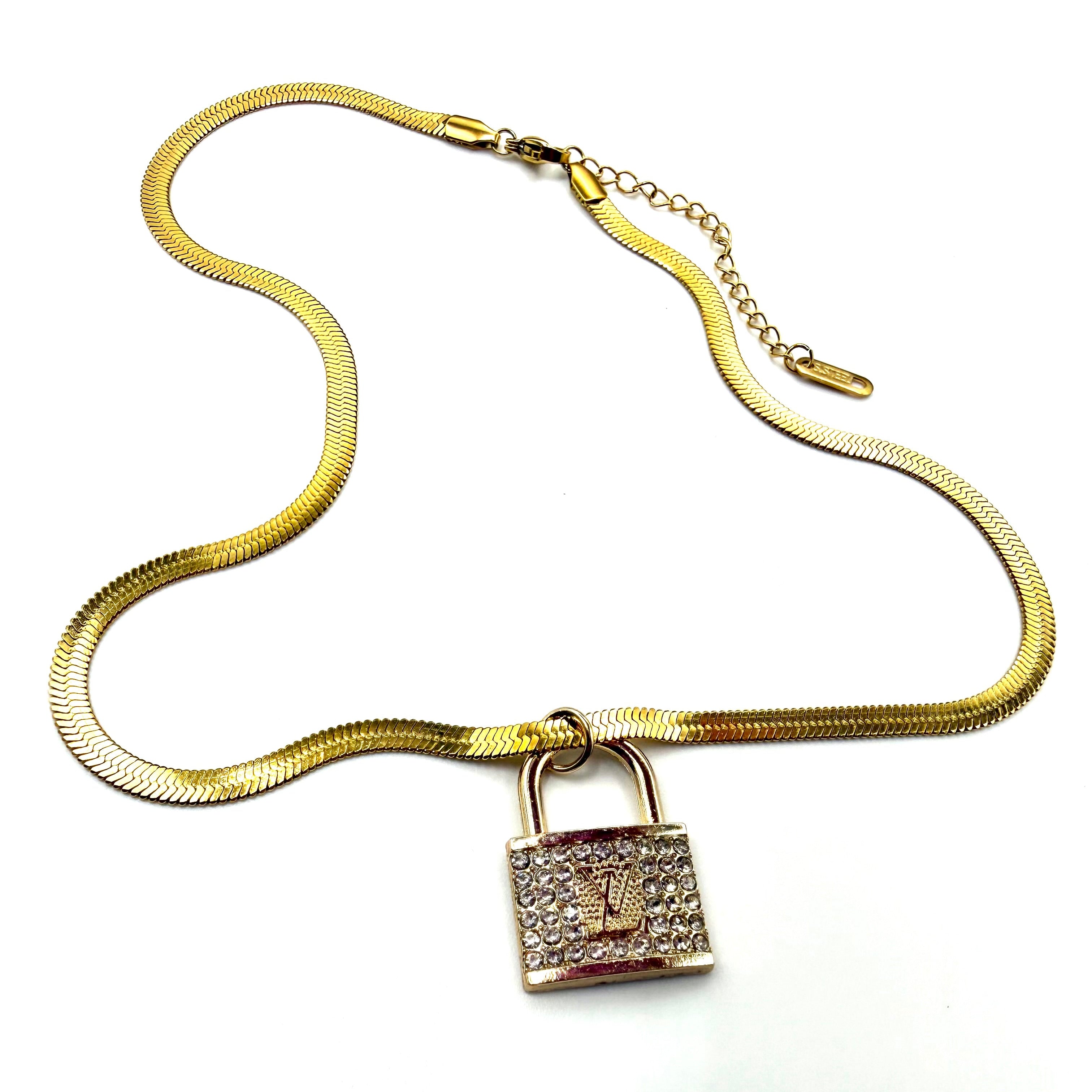 REPURPOSED LOCK CHARM HERRINGBONE NECKLACE
