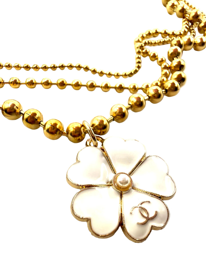 REPURPOSED WHITE FLOWER CHARM THREE LAYER NECKLACE