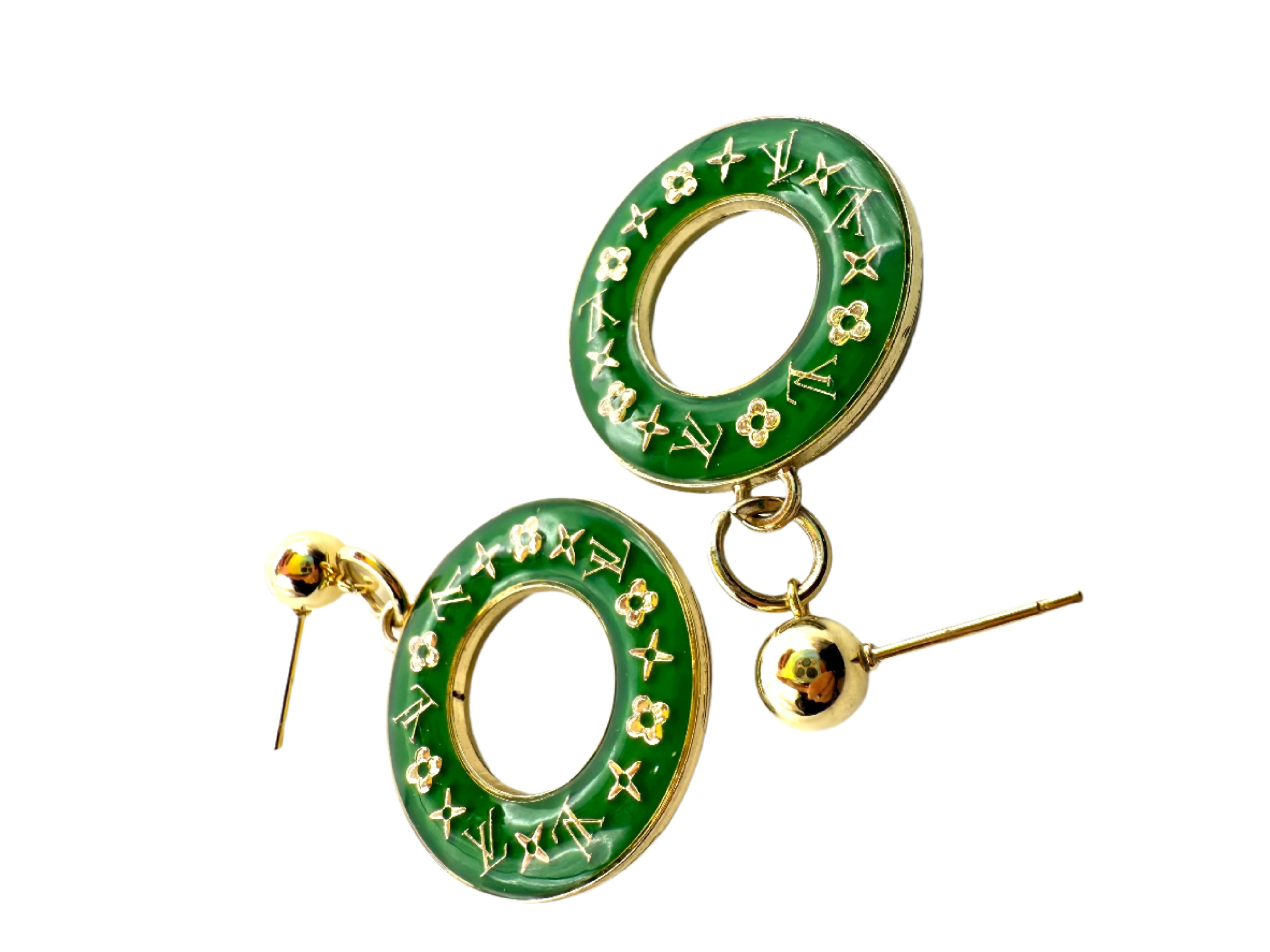 REPURPOSED CHARM ROUND GREEN DROP EARRINGS