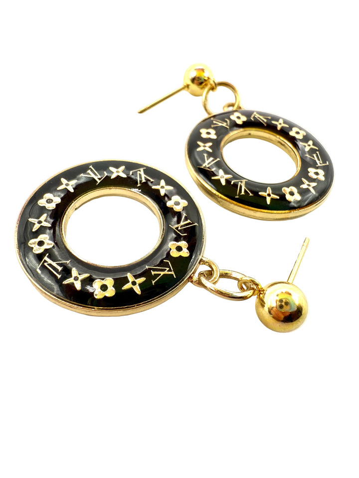 REPURPOSED BLACK ROUND CHARM EARRINGS
