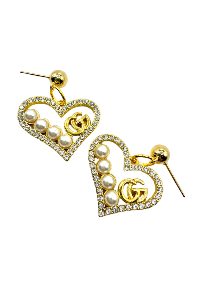 REPURPOSED GOLD/PEARL/STONE HEART EARRINGS