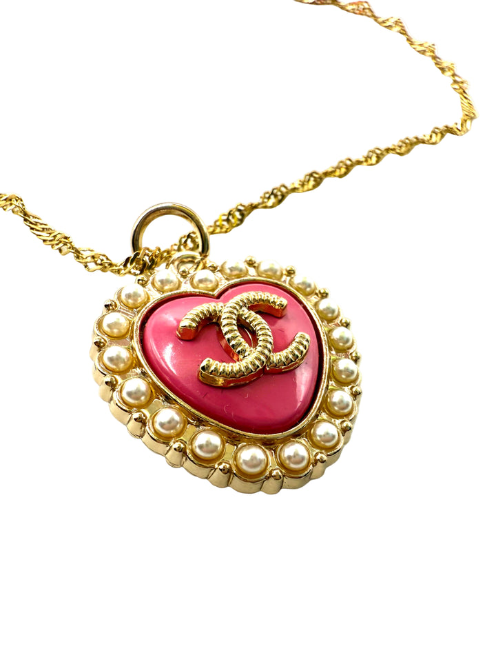 REPURPOSED PINK PEARL HEART CHARM 18” NECKLACE