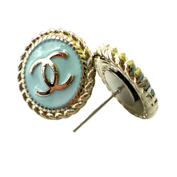 REPURPOSED BUTTON LIGHT BLUE/SILVER ANNA STUDS