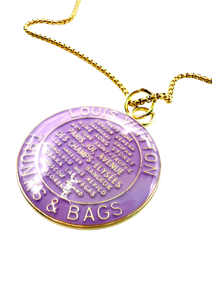 REPURPOSED LARGE TAG LAVENDER NECKLACE