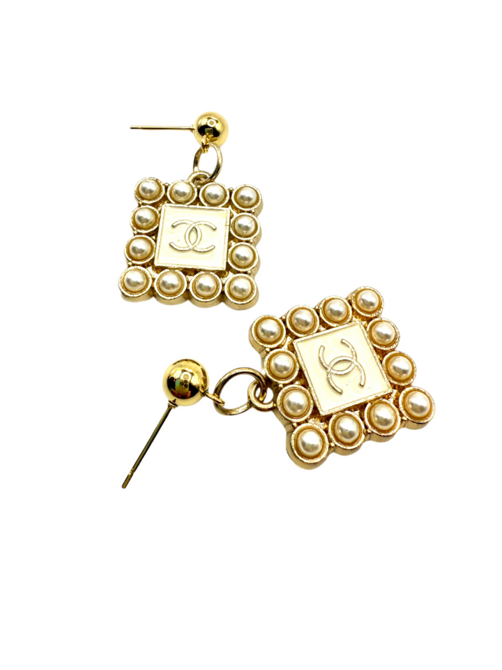 REPURPOSED CHARM SQUARE WHITE PEARL EARRINGS