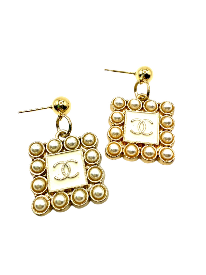 REPURPOSED CHARM SQUARE WHITE PEARL EARRINGS
