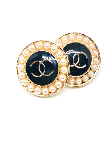 REPURPOSED BUTTON FAUX PEARL BLACK ALEXIS STUDS