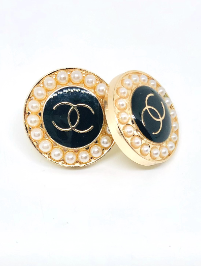REPURPOSED BUTTON FAUX PEARL BLACK ALEXIS STUDS