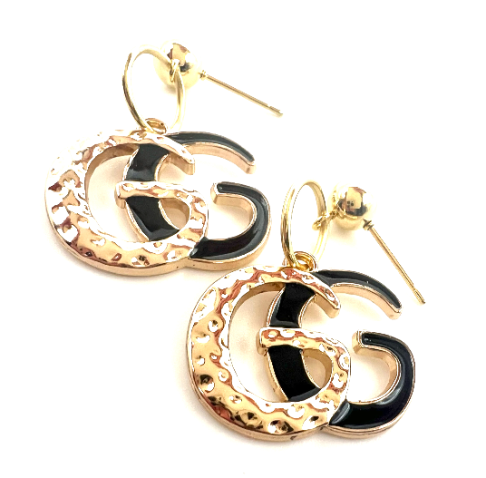 REPURPOSED CHARM BLACK AND GOLD LETTER DROP EARRINGS